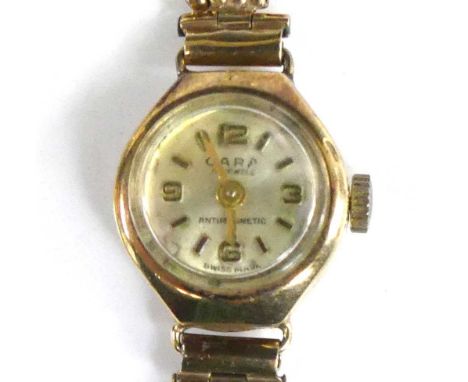 A lady's Cara 9ct gold cased bracelet watch, having a signed silvered dial, manual wind movement, on expanding link bracelet,