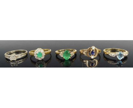 Five various gold precious and semi-precious set dress rings, to include a 14ct sapphire and opal example, size N; a 9ct gold