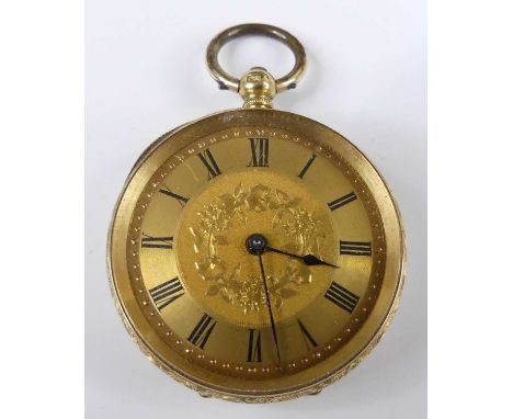 A Swiss 18ct gold cased fob watch, having a gilded Roman dial, leaf and flower engraved case, the gold dust cover with inscri