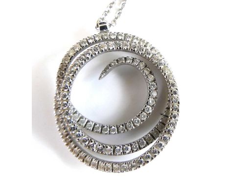 An 18ct white gold diamond spiral pendant, comprising 107 round brilliant cut diamonds in claw settings, attached to a trace 