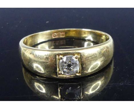 An 18ct gold diamond solitaire ring, featuring an Old European cut diamond in a four-claw flush square setting, diamond dimen