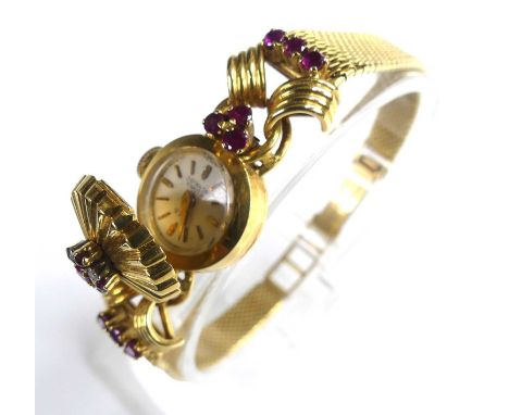 An 18ct yellow gold lady's Watches of Switzerland ruby and diamond 17-jewel manual wind cocktail watch, having a round white 
