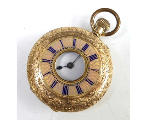 A lady's continental 14ct gold half hunter fob watch, having profusely engraved case with guilloche enamel chapter ring, unsi