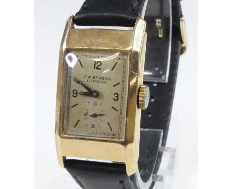 An Art Deco gent's J.W. Benson of London 9ct gold cased tank watch, having a signed silvered dial with Arabic quarter numeral