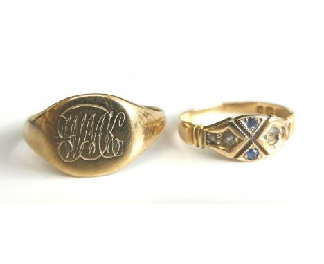 Two rings, comprising a 15ct yellow gold dress ring, having two oval sapphires and two 1-2mm half pearls (two deficient), all