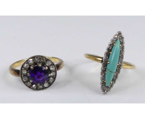 An early 20th century yellow metal amethyst and rose cut diamond set cluster ring, setting dia. 12.1mm, size N, unmarked, but