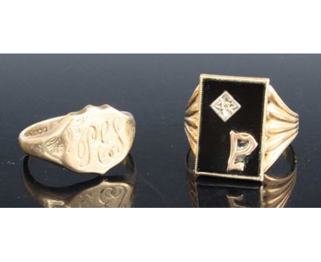 A gent's 9ct gold signet ring, sponsor W&amp;H, size T; together with a gent's black onyx and diamond point set signet ring, 