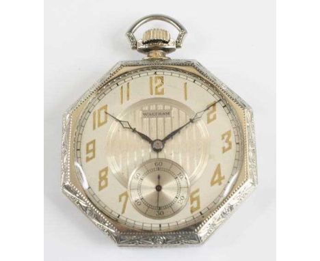 A 14ct white gold Waltham open face keyless pocket watch, having a round silvered Arabic dial and sub seconds dial at six, wi