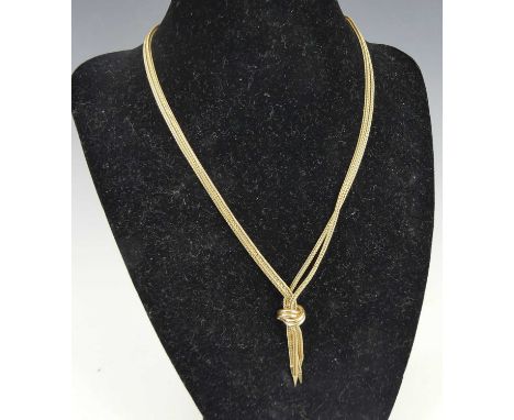 A modern 9ct gold chevron link double-string choker, with pendant fastening, 16.3g, 37cm