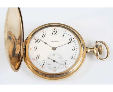 A yellow metal Illinois Watch Co keyless full hunter pocket watch, having a white Arabic dial with subdial at 6 and outer 5-m