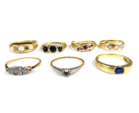 Assorted rings, comprising an 18ct gold opal and rose cut diamond half-hoop ring (one diamond deficient), size N; 18ct gold s