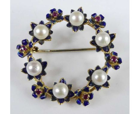 A continental yellow metal cultured pearl, ruby and blue enamel set wreath brooch, the six 4.5mm pearls each in enamelled flo