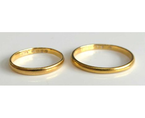 Two wedding bands, comprising a 22ct gold 2.2mm D-shaped wedding ring, size T, 2.4g, hallmarked 22ct, Birmingham 1936; and a 