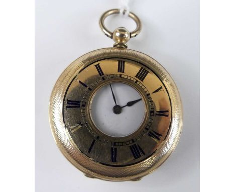 A continental 14ct gold cased half hunter fob watch, having an engine turned case with enamelled Roman dial, white enamel mai