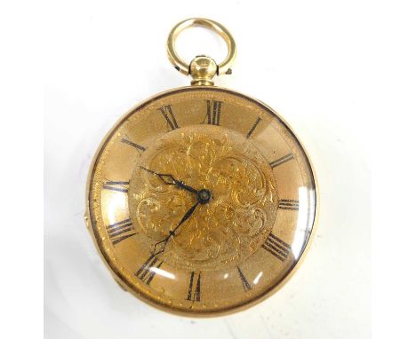 A late 19th century continental 18ct gold cased open face pocket watch, having an engraved and gilded Roman dial, engine turn