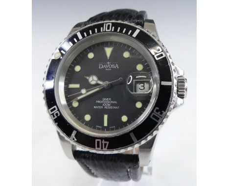 A gent's Davosa steel cased diver professional automatic wristwatch, having a signed black dial with luminous dot markers, da