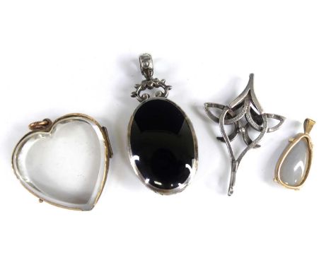 A 9ct gold opal set pendant, 20mm (excluding bale); a silver Celtic inspired pendant; silver black onyx and agate pendant; an