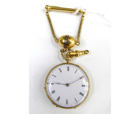 A continental yellow metal open face pocket watch, the back cover being blue enamelled and set with rose cut diamonds, the ye