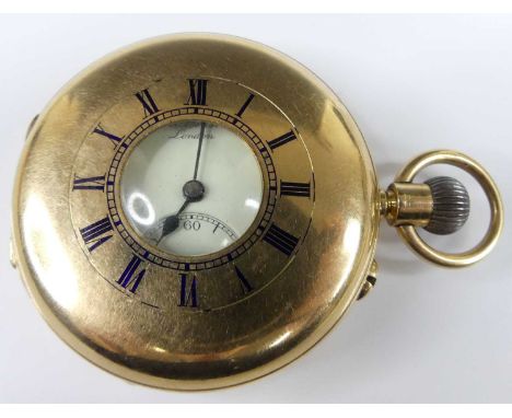 A J.W. Benson 18ct gold gent's half hunter pocket watch, having a signed white enamel Roman dial, subsidiary seconds dial, pl