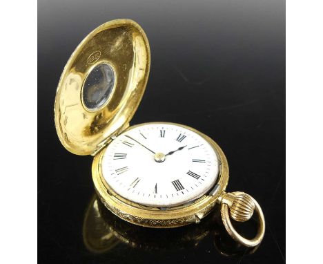 A lady's continental 18ct gold cased half hunter pocket watch, the case with all-over finely engraved and engine turned decor
