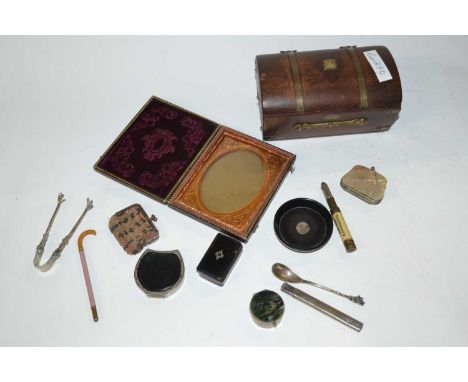 A collection of various items including a small wooden jewellery box, small white metal compact, mother of pearl purse etc
