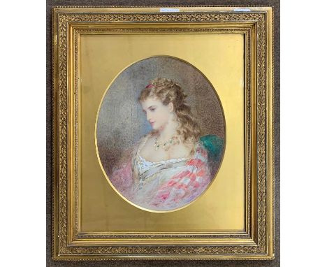 British School, circa 19th century, Portrait of a young woman in side profile, watercolour in oval, unsigned, 37x30cm, framed