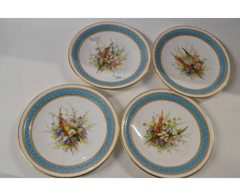A group of four Royal Worcester plates, late 19th Century, painted with flowers within jewelled, beaded blue borders, 23cm di