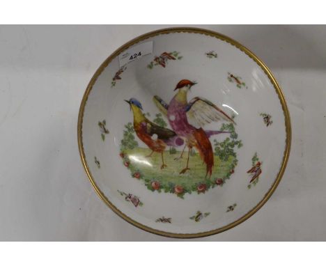 A Worcester Style Bowl probably Samson painted with exotic birds and butterflies to the interior the blue ground similarly de
