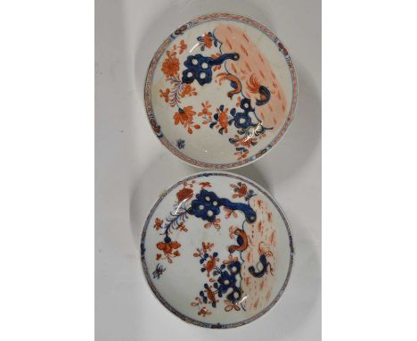 Two Lowestoft porcelain saucers decorated with the two bird pattern
