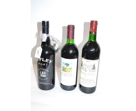 A bottle of Offley LBV port 1988; Chateau Le Livey Bordeaux 1993; and Domaine De Saint Paul; (3)