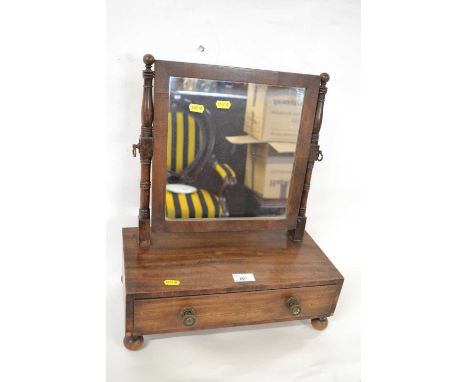 A small late Georgian dressing table mirror with single drawer base and turned button feet, 40cm wide