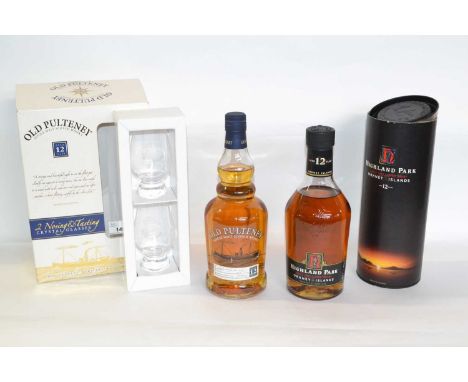 Highland Park Orkney Islands Single Malt Scotch Whisky 12 Years, 75cl, in gift tube; and Old Pulteney Single Malt Scotch Whis