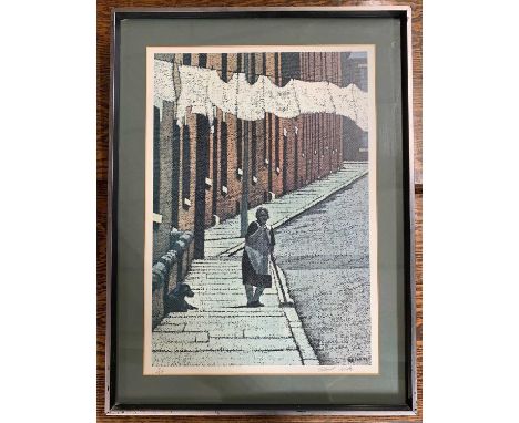 Stuart Walton (British, b.1933), Lady in a Terrace Street with Washing, limited edition lithograph, signed, numbered 9/200 in