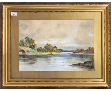 Dudley Ward (20th century), Landcape view overlooking a river with a lone figure in a boat before a bridge, watercolour and g