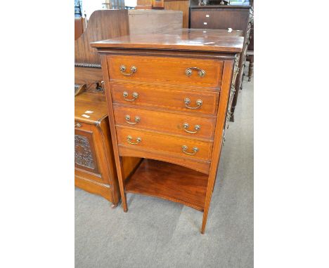 An Edwardian mahogany and line inlaid four drawer music cabinet with base shelf, 53cm wide