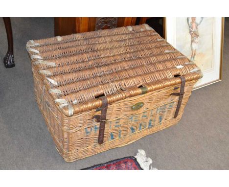 A vintage wicker hamper marked to the front White Heather Laundry, 73cm wide