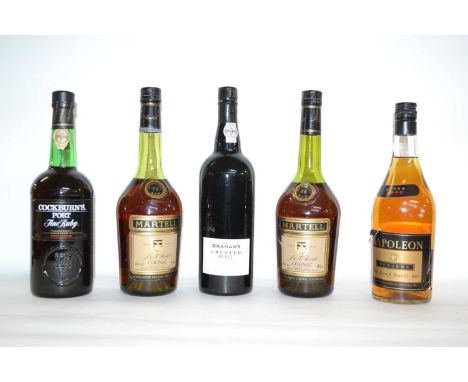 Graham's Crusted Port, 1998, 75cl; Cockburns Fine Ruby Port, 70cl; two bottles of Martell Cognac, 68cl each; and Napoleon VSO