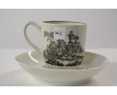 An 18th Century Worcester cup and saucer with the L'Amour print on the cup, the saucer with a Sadler style print of the tea p