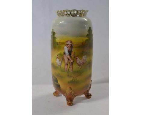 A late 19th Century Worcester style vase painted with figures and chickens, continental indistinct impressed mark to base, 18