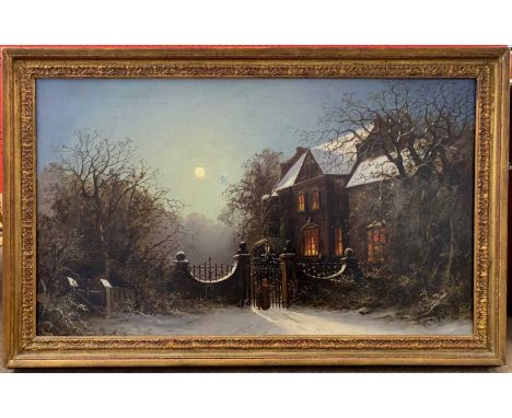 Follower of John Atkinson Grimshaw (1836-1893), Lady with child stands before a gate looking into the illuminated windows of 