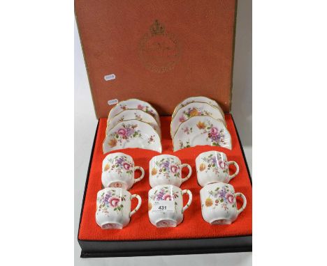 A Royal Crown Derby coffee set decorated with Derby posies, boxed set of six coffee cups and saucers, in original box
