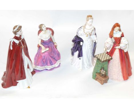 Group of Royal Worcester and Royal Doulton royal figurines including a Royal Worcester figurine of Queen Elizabeth in celebra