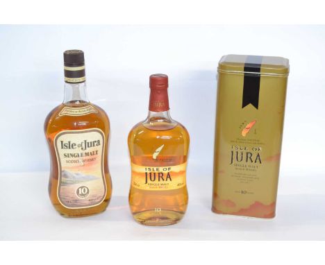Isle of Jura Single Malt Scotch Whisky 10 Years, 70cl, in presentation tin; and Isle of Jura Single Malt Scotch Whisky 10 Yea