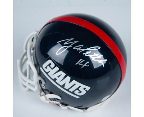 A mini replica of the New York Giants helmet, signed by Y.A. Tittle. This item comes in a protective case that measures: 7.25