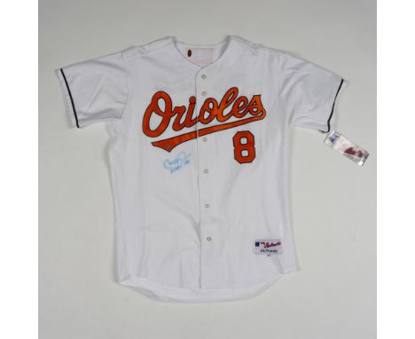 A full-sized jersey commemorating Ripken's career with patch on the sleeve, Ripken #8 on the back, and Orioles on the front. 