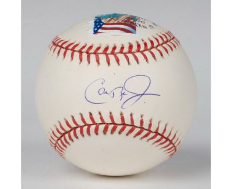Official American League baseball signed by Cal Ripken Jr. Rawlings backstamp. Postmarked. Certificate of Authenticity from G