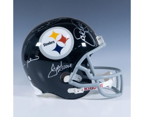 Full-sized black helmet signed by the group known as The Steel Curtain including Joe Green, Ernie Holmes, L.C. Green, and Dwi