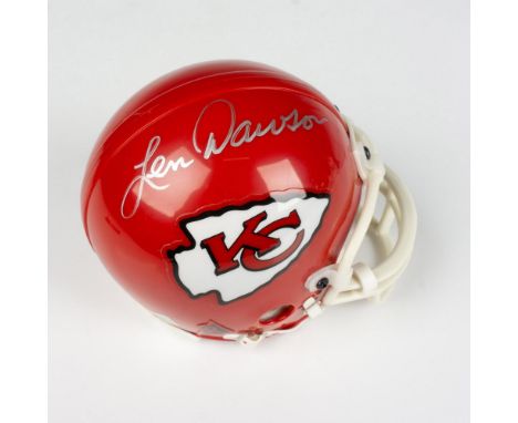 This is a Kansas City Chief's collector's mini helmet hand-signed by Hall of Fame inductee Len Dawson. This item has a plexig