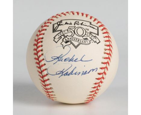 This commemorative Official National League Jackie Robinson 50th Anniversary baseball, autographed by Rachel Robinson, comes 