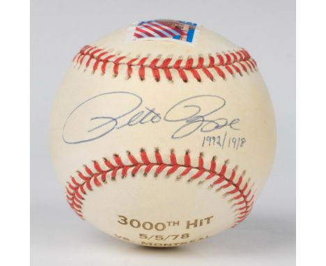 3000th Hit Commemorative Official American League Baseball hand-signed by Pete Rose with the dates 1992/1978 and postmarked 1